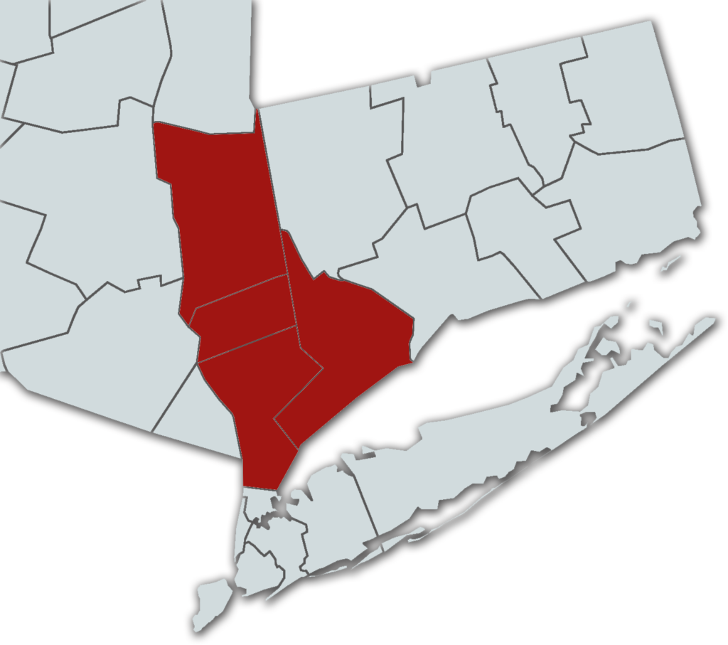 Map highlighting Able Roofing service counties in Connecticut and New York
